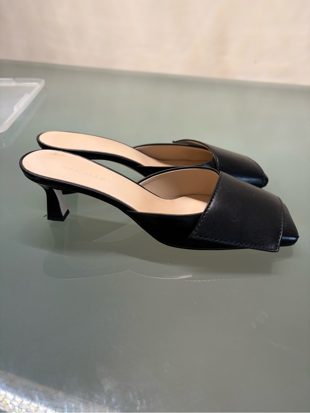 Wandler Black Leather Square-Front Mule Heels